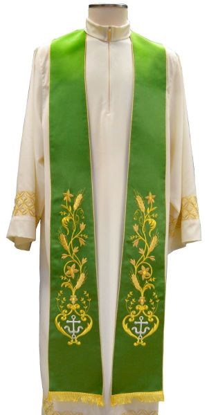 Picture of Silk Satin Priest / Deacon Stole with Anchor and Wheat Embroidery by Chorus - Ivory Red Green Purple 