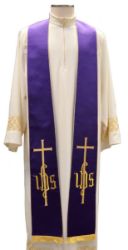Picture of Silk Satin Priest / Deacon Stole with Cross and IHS Embroidery by Chorus - Ivory Red Green Purple 
