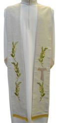 Picture of Priest / Deacon Stole in Hemp and Linen with Tau and Olive Branches Embroidery by Chorus - Natural Ecru