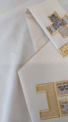 Immagine di Mitria Liturgica Stile Moderno Applicazione Croce filato Melange Ricamo Oro Shantung Bianco