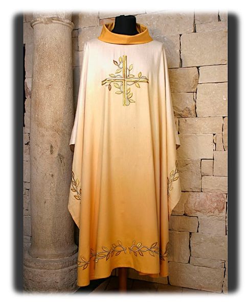 Immagine di Casula Collo ad Anello in raso motivo Croce e Ulivo Tela Vaticana Avorio Rosso Verde Viola