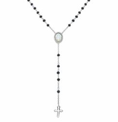 Imagen de Collar Rosario Plata 925 Piedras negras Virgen Milagrosa Cruz  para Mujer Hombre
