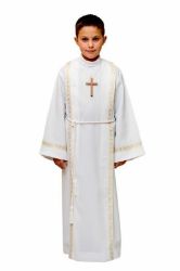 Picture of MADE TO MEASURE - First Communion Alb unisex with folds golden Trim pure Polyester Tunic