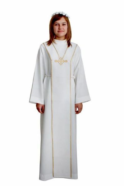 Picture of MADE TO MEASURE - First Communion Alb for girl golden trim Scapular embroidery Polyester Tunic