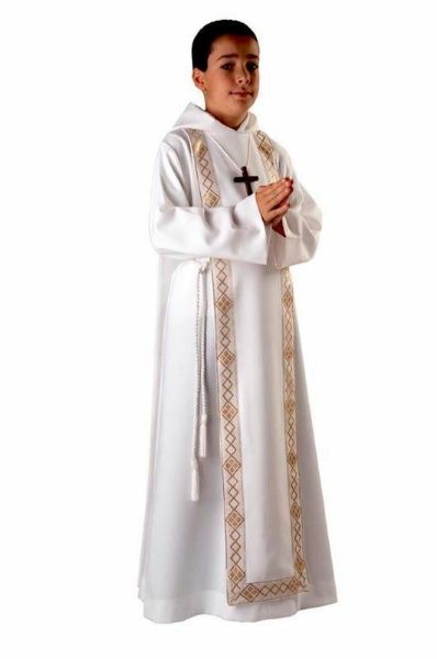 Picture of MADE TO MEASURE - First Communion Alb unisex with hood golden Trim Scapular Wool Tunic