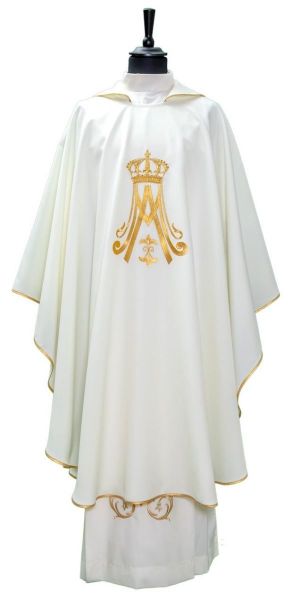 Immagine di Casula Mariana avorio poliestere collo quadro rivoltato ricamo oro davanti e dietro