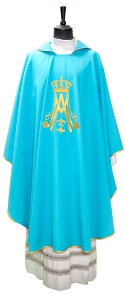 Immagine di Casula Mariana azzurra poliestere collo quadro rivoltato ricamo oro davanti e dietro