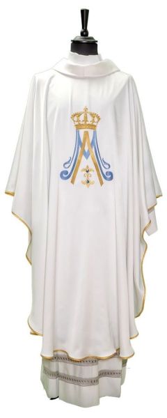 Picture of Cream Marian Chasuble | Roll collar | Front/back gold embroidery, stones | Silk