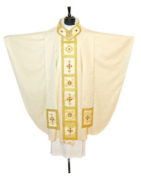 Imagen de REALIZADA A MANO Casulla solemne oro lurex sablè cuello abierto perlas piedras luminosas brillantes