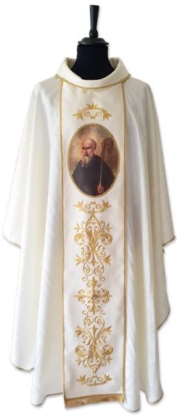 Immagine di PERSONALIZZATA Casula solenne damasco collo anello ricamata oro pietre immagine a scelta