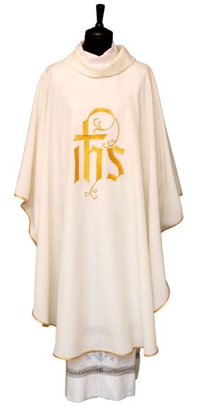 Imagen de Casulla barata tela Vaticana cuello anillo bordado IHS lurex oro delante y detrás