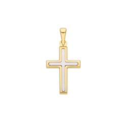 Immagine di Croce doppia dritta Ciondolo Pendente gr 1,25 Bicolore Oro giallo bianco 18kt lastra stampata a rilievo Unisex Donna Uomo 
