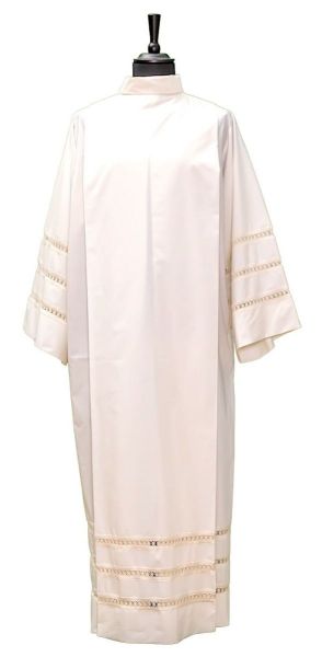 Picture of MADE TO MEASURE Cotton-blend Alb with pleats, shoulder zipper, 3 rounds of gigliuccio - Ivory