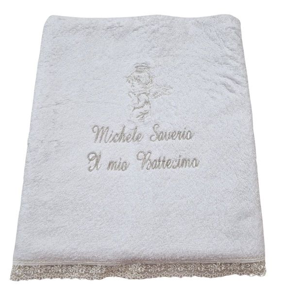 Picture of CUSTOMIZED Pure cotton Terrycloth Christening towel “Il mio Battesimo” 60x70 cm with name - White