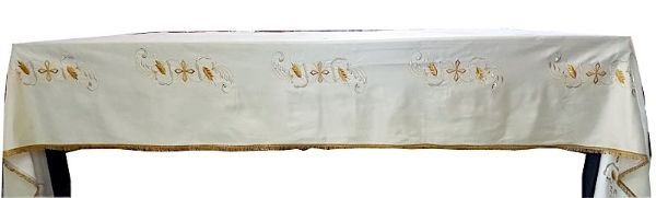 Imagen de Mantel de altar de satén 150x250 cm Cruces y Espigas hilos oro y plata, 5 bordados frontales - Marfil
