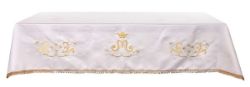Picture of Marian altar tablecloth cotton satin with strass, colored stones, 3 front embroideries  60x98 inc - Ivory