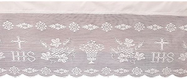 Imagen de Mantel de altar lino puro encaje Uvas y Flores y IHS 250x150 cm - Blanco