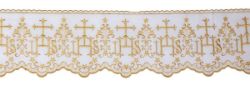 Picture of Altar tablecloth ruffle H. cm 17 (6,7 inch) IHS embroidery and Cross - Cream