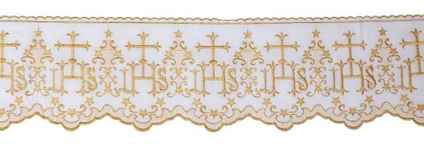 Picture of Altar tablecloth ruffle H. cm 17 (6,7 inch) IHS embroidery and Cross - Cream