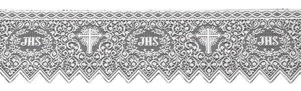 Picture of Altar tablecloth ruffle, IHS embroidery, filet lace cross H. cm 15 (5,9 inch) - White