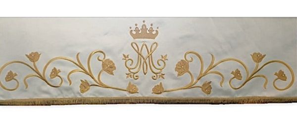 Picture of MADE TO MEASURE Marian altar tablecloth in satin embroidered in gold with Swarovski - White, Ivory