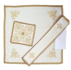 Picture of 4-piece mass service in fine ivory cotton blend embroidered with stones
