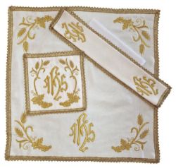Picture of 4-piece altar cloths in fine ivory cotton blend with IHS embroidery