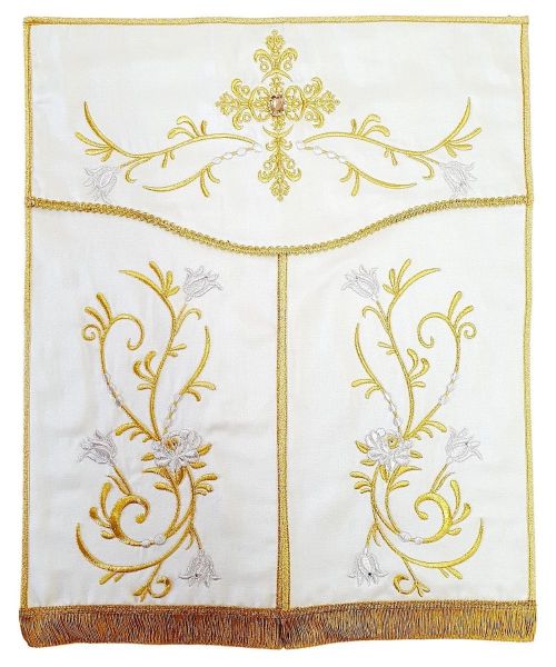 Immagine di Conopeo per Tabernacolo in raso ricamato Croce e Fiori 40x50 cm