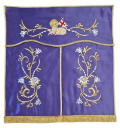 Picture of Cotton satin Tabernacle Conopeo Lamb and Flowers embroidery 15,7x17,7 inch - Ivory, Violet, Red, Green, Pink
