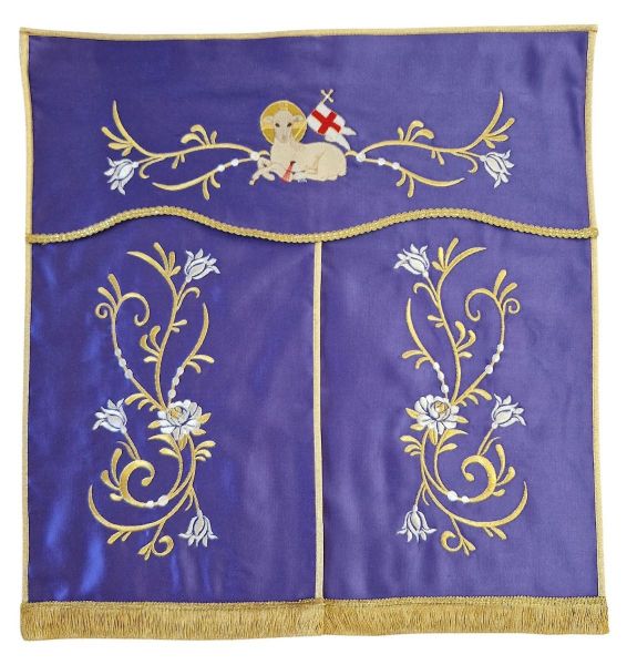 Picture of MADE TO MEASURE Cotton satin Tabernacle Conopeo Lamb and Flowers embroidery - Ivory, Violet, Red, Green, Pink