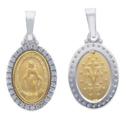 Imagen de Virgen María Nuestra Señora Milagrosa con Corona Medalla Sagrada Colgante oval Acuñación gr 6 Bicolor Oro blanco amarillo 18kt con Zircones para Mujer 