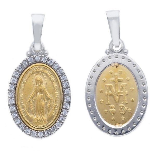 Picture of Miracolous Madonna Our Lady of Graces with Crown and Light Spots Coining Sacred Oval Medal Pendant gr 6 Bicolour yellow white Gold 18k with Zircons 