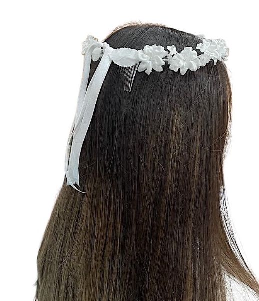 Immagine di Coroncina bianca Prima Comunione con fiori e perline