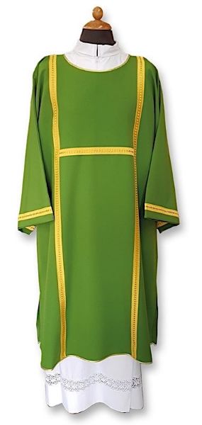 Imagen de Dalmática para diáconos tejido Vaticano agremán oro delante detrás y strass