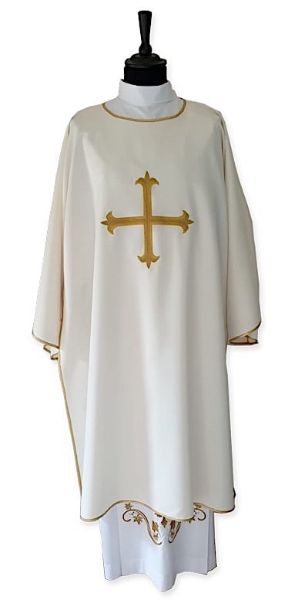 Imagen de Dalmática para diáconos tejido Vaticano Cruz dorada delante detrás y strass