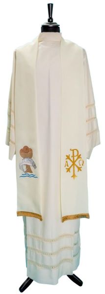 Immagine di Stola Sacerdote ricamata Pace Alfa Omega Pane Pesci