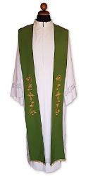 Picture of Bicolor liturgical Tristole in Vatican fabric, Cross and Leaves embroidery - Ivory and Green
