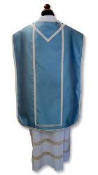 Imagen de Planeta litúrgica Mariana satén de algodón azul claro con adornos plateados