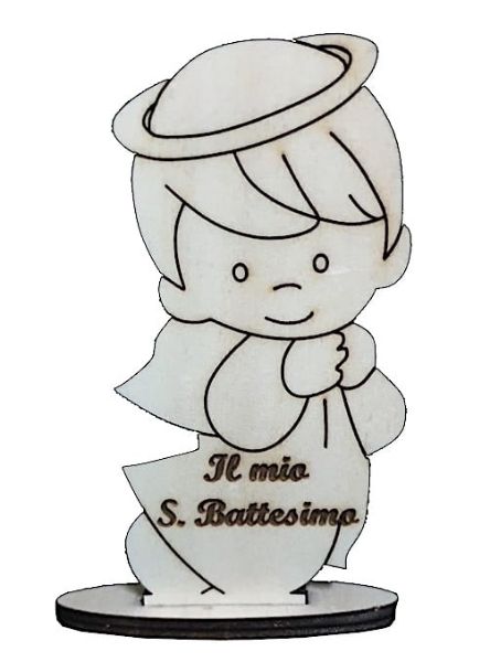 Immagine di Bomboniera in legno Angioletto con scritta incisa "Il mio S. Battesimo"  cm 12x6