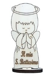 Immagine di Bomboniera in legno Angioletto con mani giunte e incisione "Il mio S. Battesimo" cm 12x5