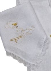 Immagine di Fazzoletto da Battesimo puro lino con ricamo oro Fonte - Bianco