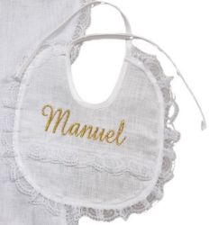 Picture of CUSTOMIZED Pure linen Baptism Bib with embroidered customized name - White