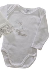 Picture of CUSTOMIZED Pure cotton short or long sleeve Baby bodysuit 3, 6, 9 months, embroidered Font, name - White