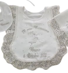 Picture of CUSTOMIZED Pure silk Christening Bib with lace, customized name, date, dots of light - White