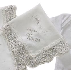 Picture of CUSTOMIZED Pure silk Christening Handkerchief with lace, customized name, light dots - White