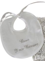 Picture of CUSTOMIZED Pure silk Christening Bib “Il mio Battesimo”, gold or silver embroidered name - White