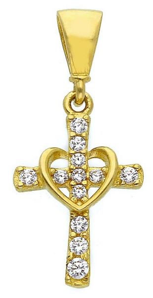Immagine di Croce svasata e Cuore gr 0,85 oro giallo 18k e zirconi