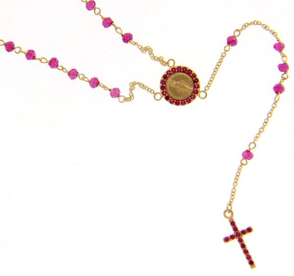 Picture of Long diamond Rosary Necklace gr 4 yellow gold 18k, red zircons