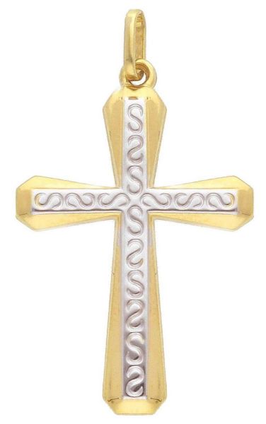 Imagen de Cruz doble decorada gr 0,8 oro blanco / amarillo 9kt
