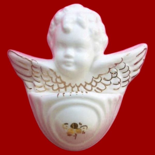 Immagine di Angelo Custode Acquasantiera 10 cm ceramica Deruta bianca oro